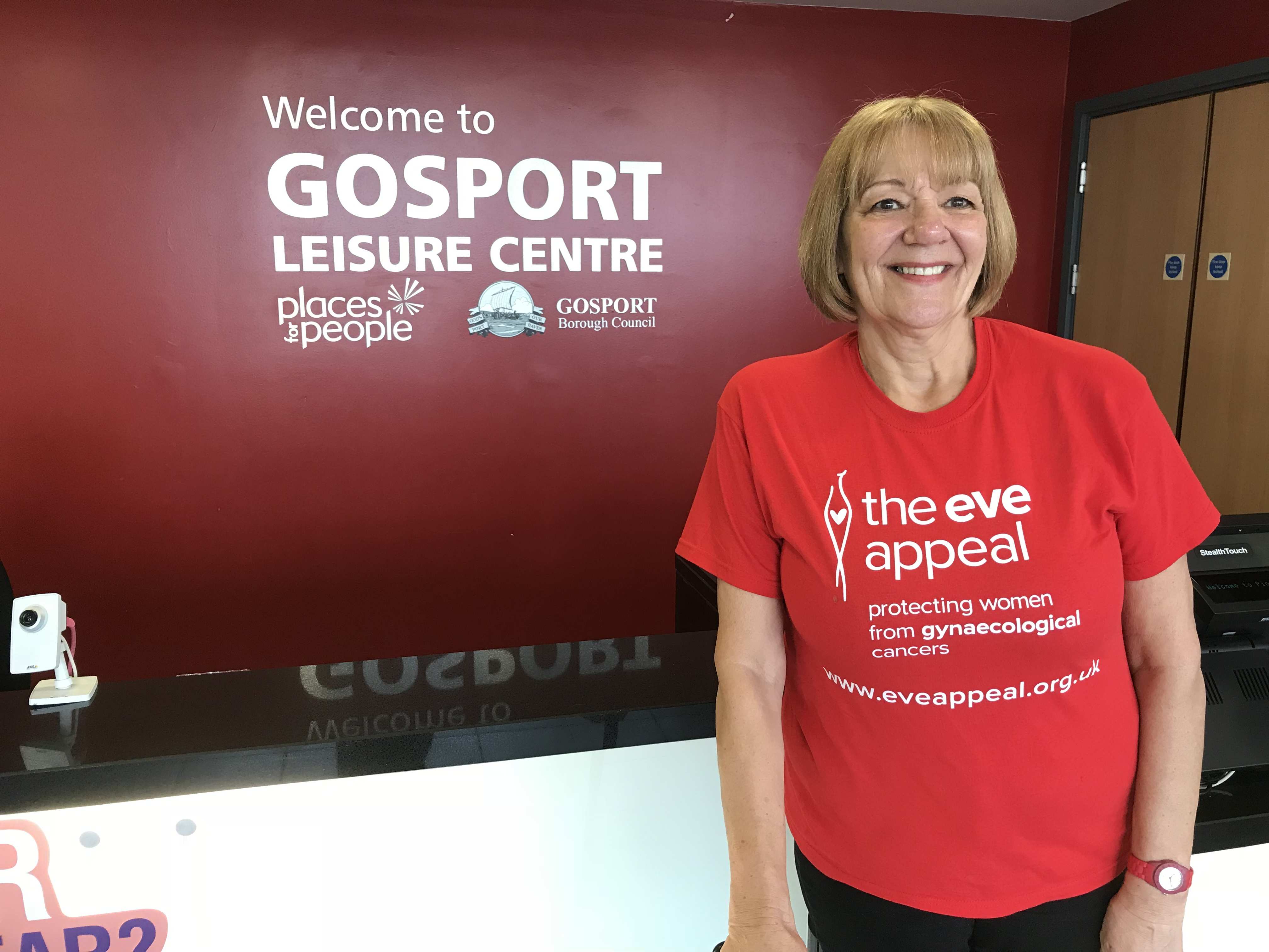 gill standing in front of gosport leisure centre sign